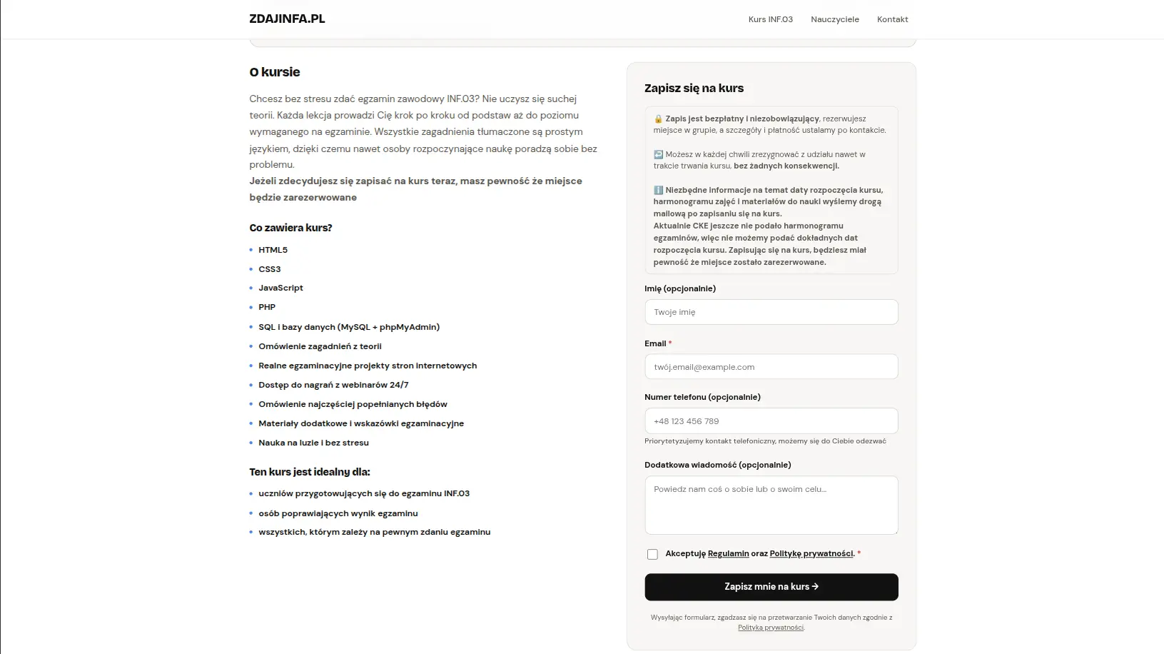 Formularz zapisu na zdajinfa.pl